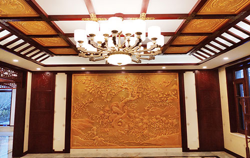 上杭中式别墅客厅中式木作横梁吊顶装饰展示